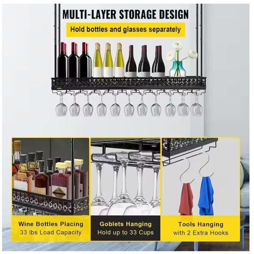 Black VEVOR Ceiling Wine Glass Rack 46.9 x 13 in. Hanging Wine Glass Rack Holder